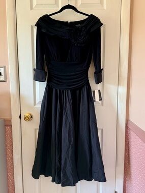 La Nouvelle Renaissance Black Vintage-Inspired A-Line Dress with Floral Accent